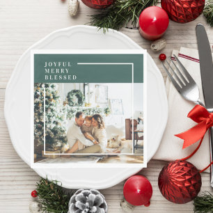 Modern Family Photo Joyful Merry Blessed Green Napkin