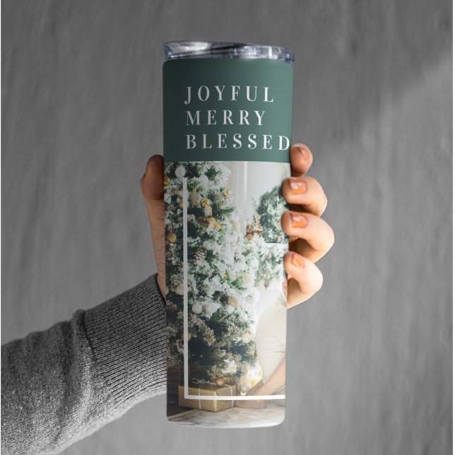 Modern Family Photo | Joyful Merry Blessed | Green Thermal Tumbler (Creator Uploaded)
