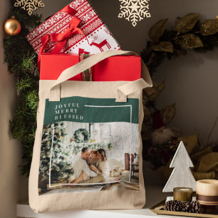Modern Family Photo   Joyful Merry Blessed   Green Tote Bag