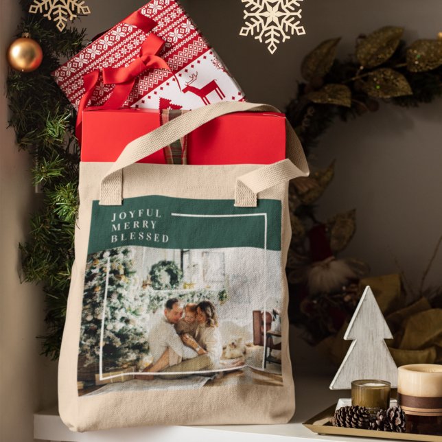 Modern Family Photo | Joyful Merry Blessed | Green Tote Bag (Creator Uploaded)