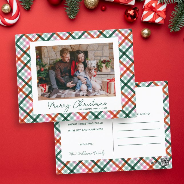 Modern Family Photo Merry Christmas Holiday Card (Merry Christmas, Modern Gingham, family photo postcard. Unique green, red, mint and pink colors.)