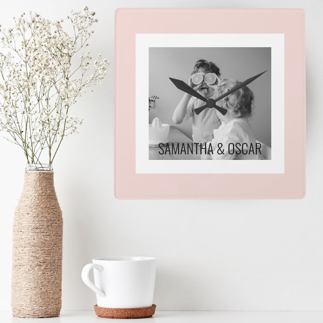 Modern  Family Photo Pastel Pink Simple Gift Square Wall Clock (Creator Uploaded)