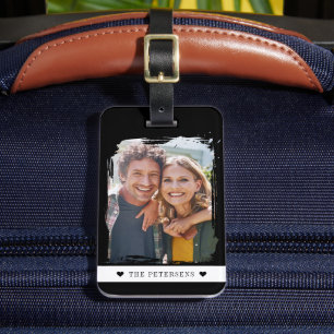 Modern family photo personalised black luggage tag