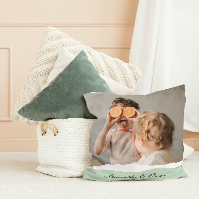 Modern Family Photo & Personalised Name Mint Gift Cushion (Creator Uploaded)