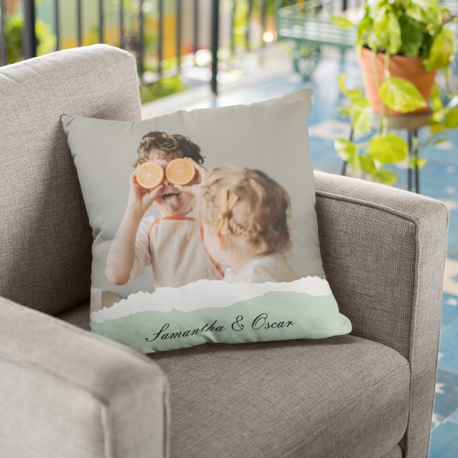 Modern Family Photo & Personalised Name Mint Gift Cushion (Creator Uploaded)