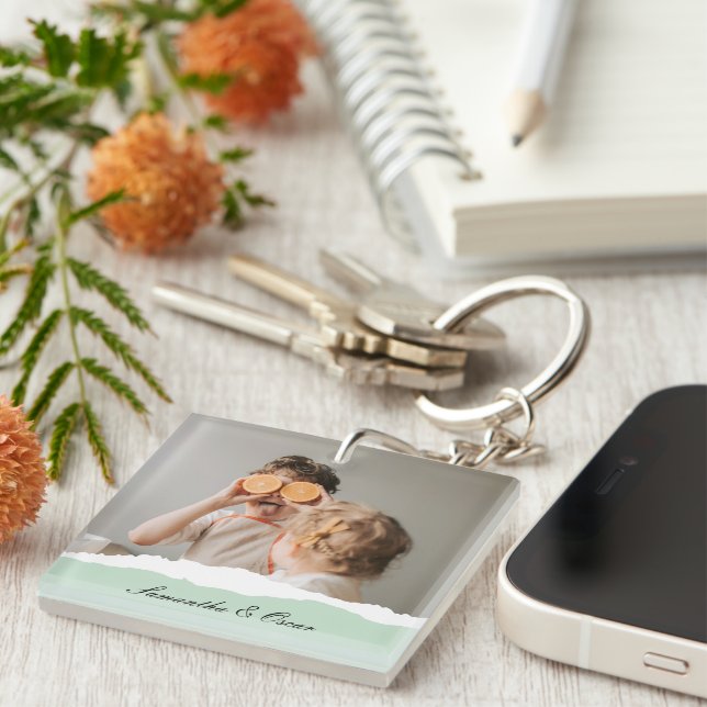 Modern Family Photo & Personalised Name Mint Gift Key Ring (Front Right)