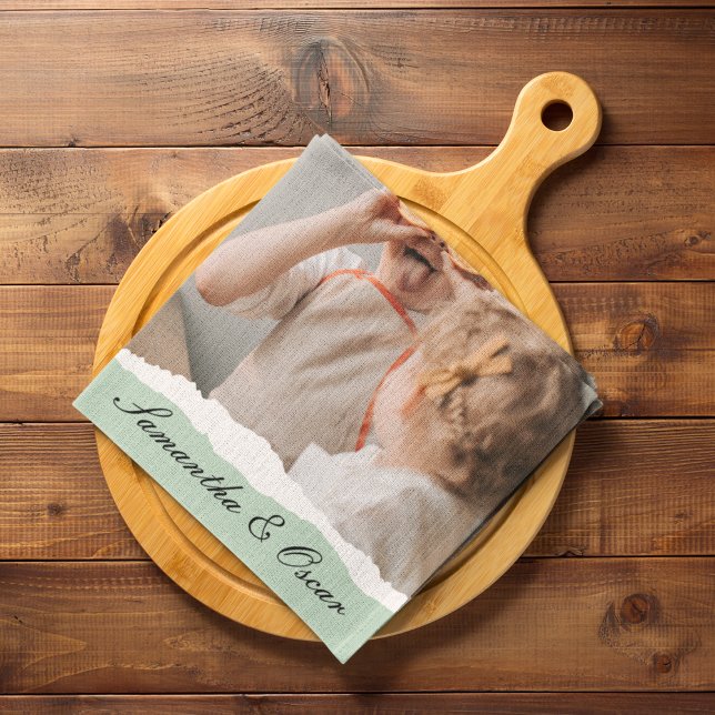 Modern Family Photo & Personalised Name Mint Gift Tea Towel (Creator Uploaded)