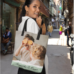 Modern Family Photo & Personalised Name Mint Gift Tote Bag