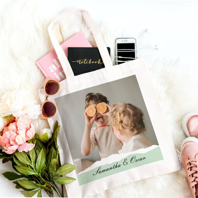Modern Family Photo & Personalised Name Mint Gift Tote Bag (Creator Uploaded)