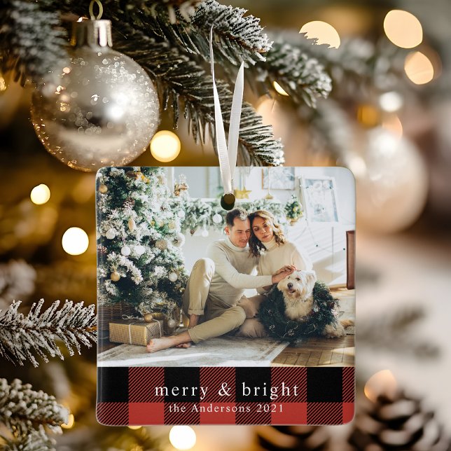 Modern Family Photo Red Buffalo Plaid Ceramic Ornament (Creator Uploaded)