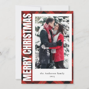 Modern Family Photo Red Plaid Merry Christmas Holiday Card