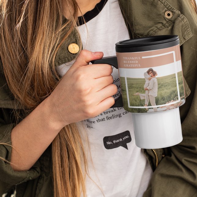 Modern Family Photo | Thankful Blessed Grateful Travel Mug (Creator Uploaded)