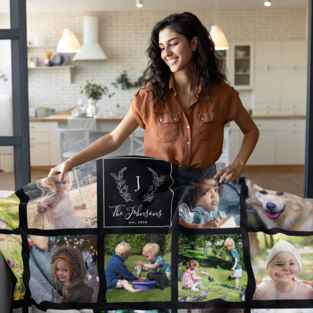 Modern family photos black and white monogrammed fleece blanket (Creator Uploaded)