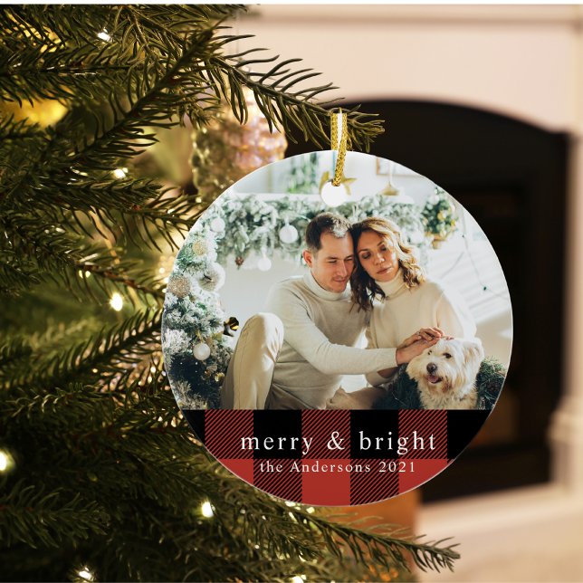 Modern Family Red Buffalo Plaid With Photo Ceramic Tree Decoration (Creator Uploaded)