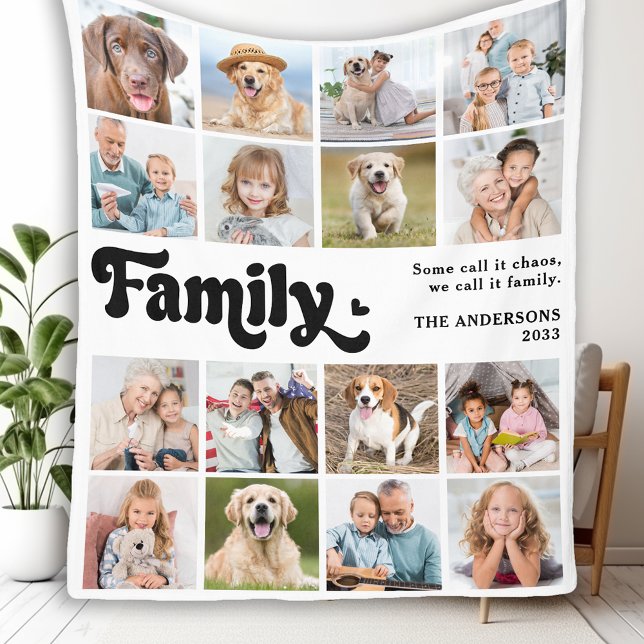 Modern FAMILY Retro Personalised 16 Photo Collage Fleece Blanket (Creator Uploaded)