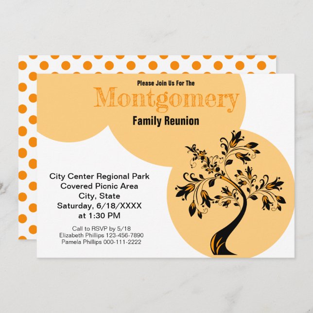 Modern Family Reunion Orange Flowering Black Tree Invitation (Front/Back)