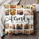 Modern Family Script 20 Photo Collage Chic Stylish Cushion<br><div class="desc">Modern custom photo collage pillow with space for 20 photos surrounding a trendy swirly script reading FAMILY and your custom name below. This is the 2 sided version.</div>