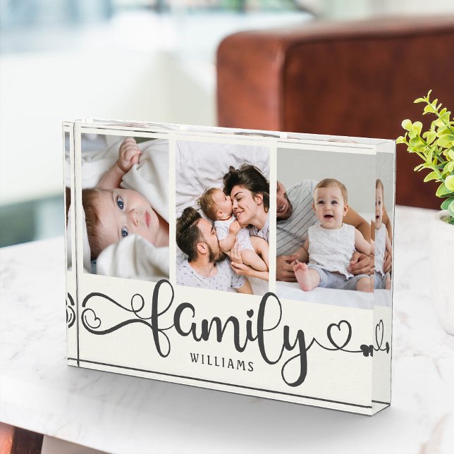 Modern Family Script Collage Simple Elegant Photo  (Triple the love! Our custom family photo block, cute script, and a trio of cherished moments. )