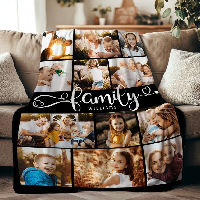 Modern Family Script Hearts Photo Collage Chic Fleece Blanket (Creator Uploaded)