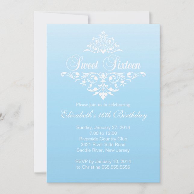 Modern Fancy Blue Sweet Sixteen Birthday Party Invitation (Front)