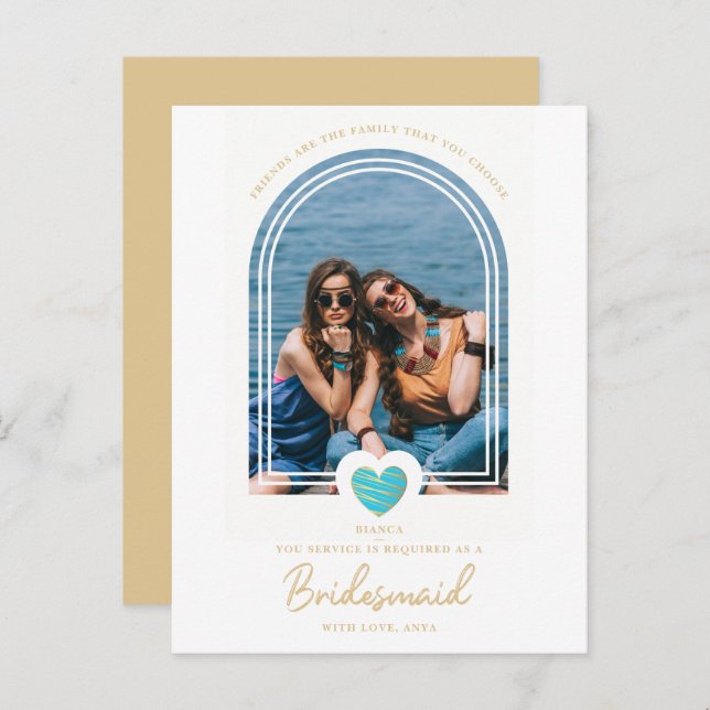 Modern Fancy Bridesmaid Blue Heart Photo Proposal Postcard (Front/Back)