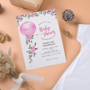 Modern Fancy Pink Floral Balloon Girl Baby Shower Invitation