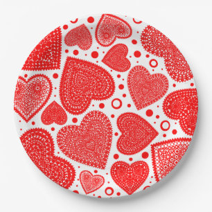 Modern Fancy Red Graphic Hearts Pattern Paper Plate