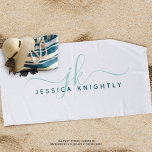 Modern Fancy Script Monogram Teal Turquoise White Beach Towel<br><div class="desc">Personalised modern beach towel with simple, fancy script script initials or monogram and name in your choice of colours (shown in teal and turquoise on an editable white background colour for a stylish look. CHANGES: Change the background colour, choose a styled graphics background or change the text font style, colour,...</div>