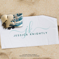 Modern Fancy Script Monogram Teal Turquoise White