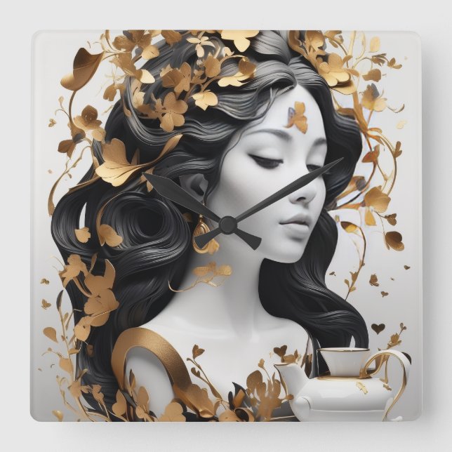 Modern Fantasy Art in Black and Gold  Square Wall Clock (Front)