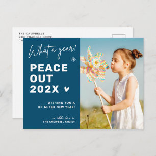 Modern Farewell: Peace Out 2024 Winter Blue Photo Holiday Postcard