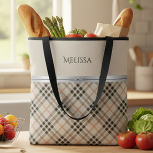 Modern Farmhouse Beige Plaid Pattern Tote Bag