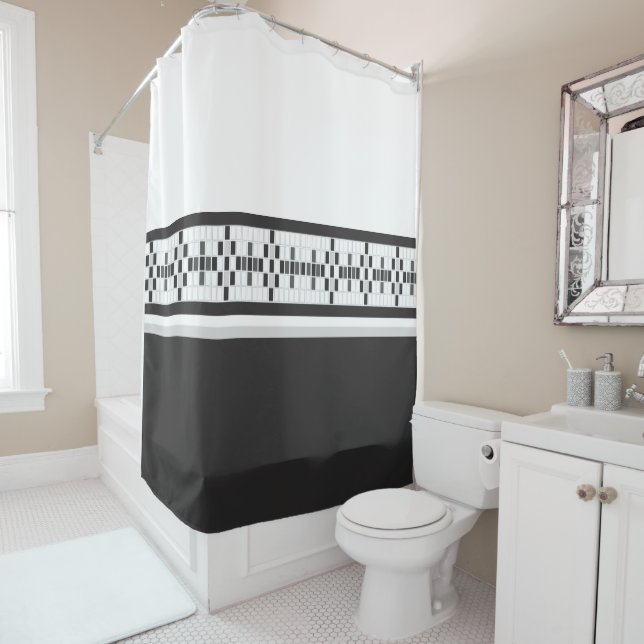Modern Farmhouse Black and White Classy Shower Curtain (In Situ)