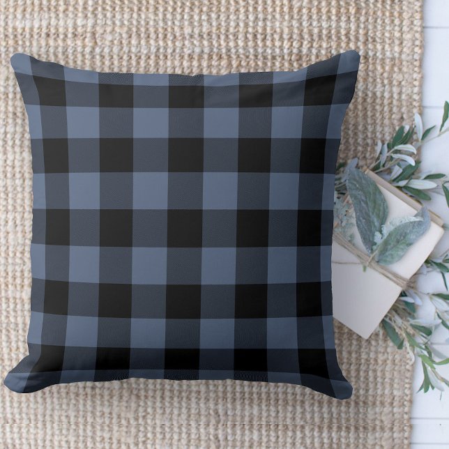 Modern Farmhouse Black & Blue Buffalo Plaid Couch Cushion (Modern farmhouse throw pillow blue and black buffalo plaid couch pillow )