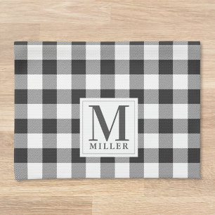 Modern Farmhouse Black Buffalo Check Monogrammed Tea Towel