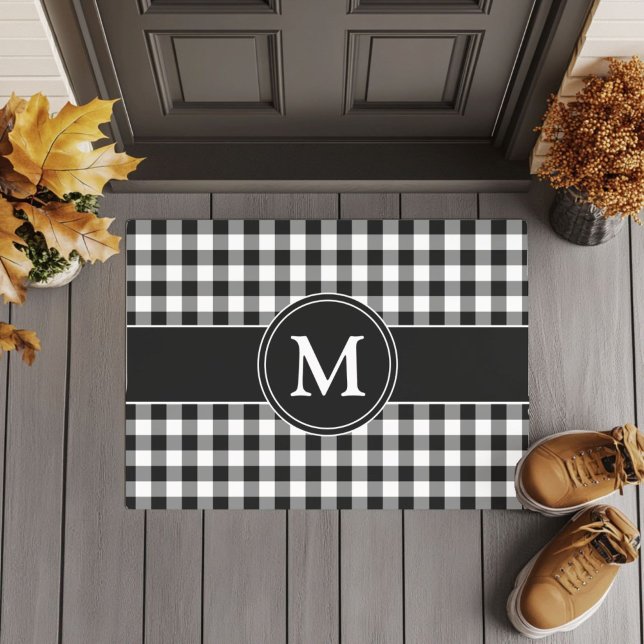 Modern Farmhouse Black Plaid Monogram Doormat (Modern Farmhouse Black Plaid Monogram Doormat)