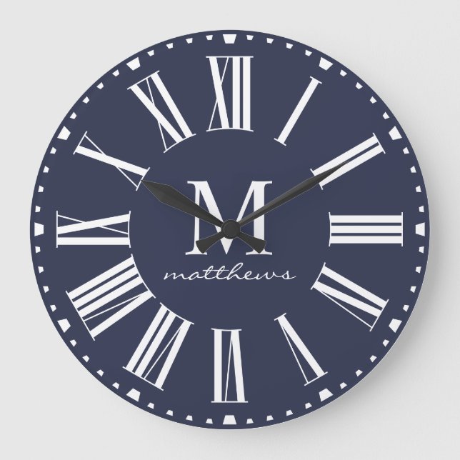 Modern Farmhouse Blue Family Name Large Clock (Front)