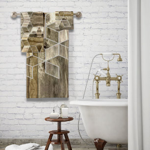 Modern Farmhouse Brown Wood Geometric Pattern  Bath Towel Set