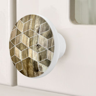 Modern Farmhouse Brown Wood Geometric Pattern Ceramic Knob