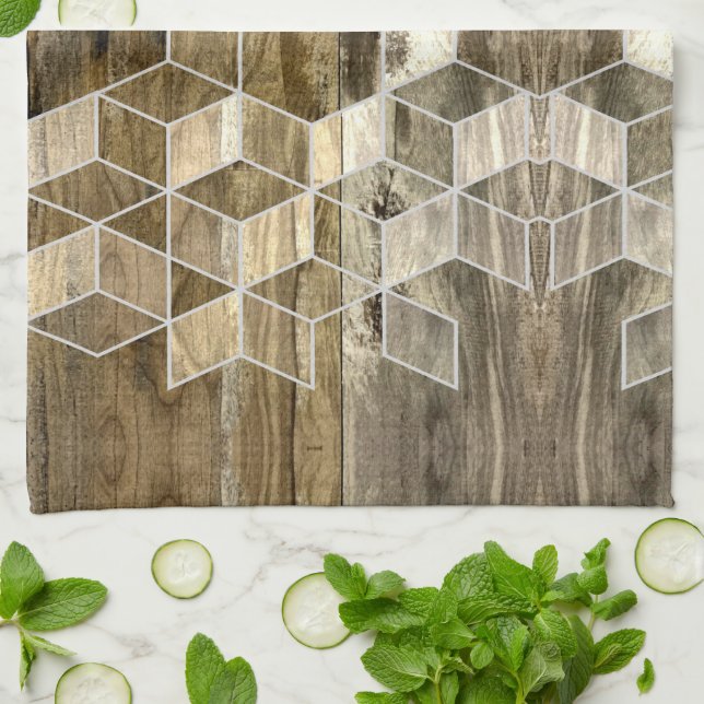 Modern Farmhouse Brown Wood Geometric Pattern  Tea Towel (Folded)