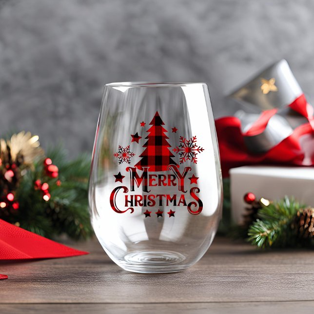 Modern Farmhouse Buffalo Plaid Merry Christmas Stemless Wine Glass (Modern Farmhouse Buffalo Plaid Merry Christmas Stemless Wine Glass)