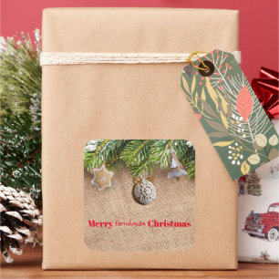 Modern Farmhouse Christmas Rustic Burlap Ornaments Square Sticker