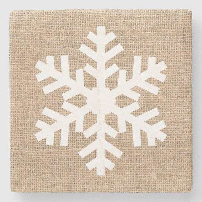 Modern Farmhouse Christmas Snowflake Rustic Burlap Stone Coaster (Front)