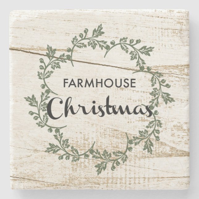 Modern Farmhouse Christmas Wreath Rustic Wood Stone Coaster (Front)