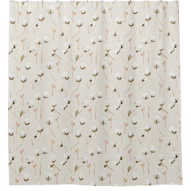 Modern Farmhouse Cotton Boll Branches Watercolor Shower Curtain (Front)