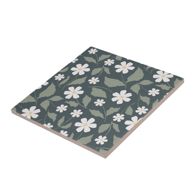 Modern Farmhouse Daisy Dark Blue Green & Sage Tile (Side)