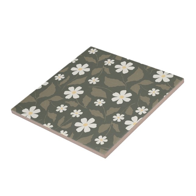 Modern Farmhouse Daisy Dark Olive Sage Floral Tile (Side)