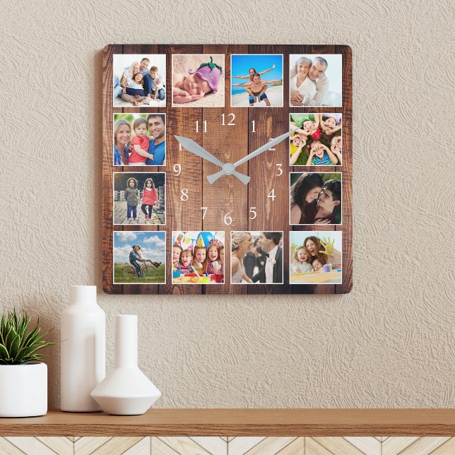 Modern Farmhouse Family Photo Collage Square Wall Clock (Creator Uploaded)