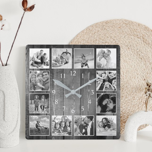 Modern Farmhouse Family Photo Collage Square Wall Clock (Creator Uploaded)