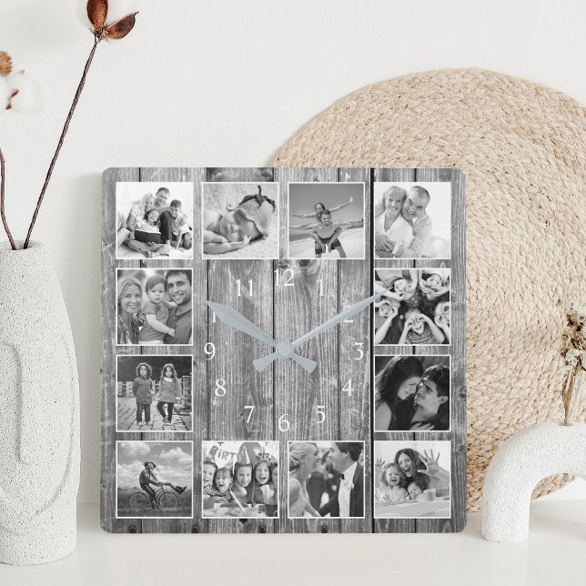 Modern Farmhouse Family Rustic Photo Collage Square Wall Clock (Creator Uploaded)